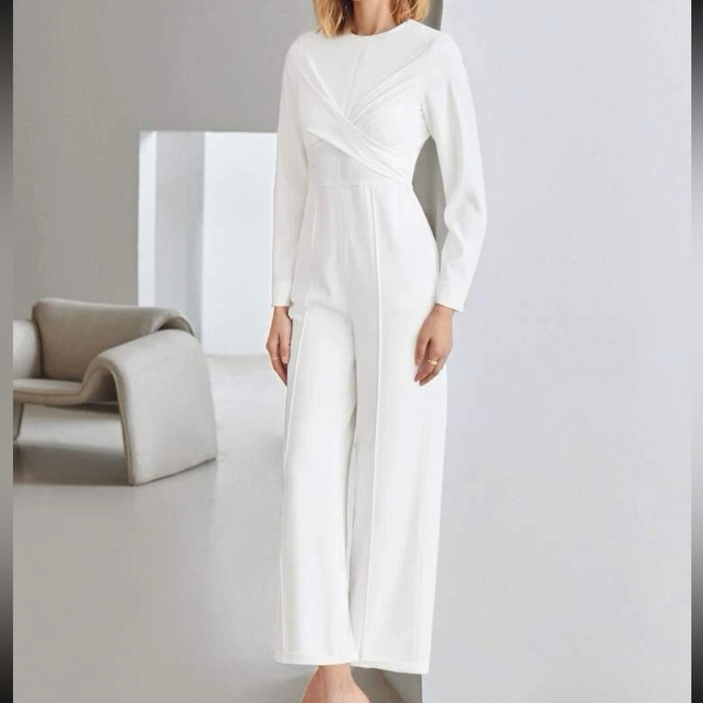 White Long Sleeve Premium Wrap Tied Back Jumpsuit